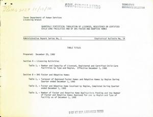 Texas Quarterly Statistical Tabulation of Licensed, Registered or Certified Child Care Facilities and of DHS Foster and Adoptive Homes, December 1988