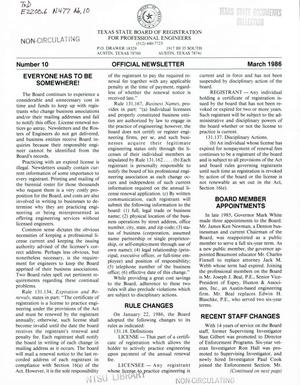 Texas State Board of Registration for Professional Engineers Official Newsletter, Number 10, March 1986