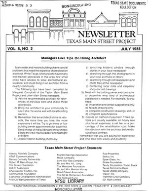 Primary view of object titled 'Texas Main Street Project Newsletter, Volume 5, Number 3, July 1985'.