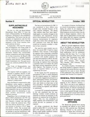 Texas State Board of Registration for Professional Engineers Official Newsletter, Number 9, October 1985