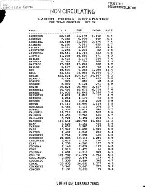 Labor Force Estimates for Texas Counties, October 1992