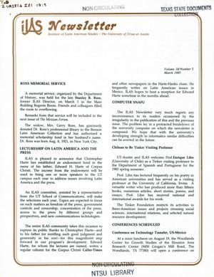 Primary view of object titled 'ILAS Newsletter, Volume 18, Number 5, March 1985'.