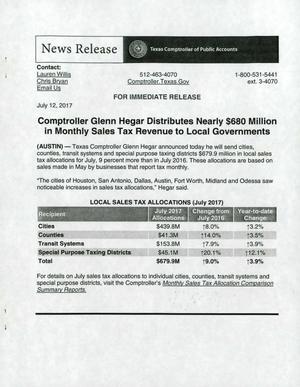 [News Release: Comptroller Distributes Sales Tax Revenue, July 12, 2017]