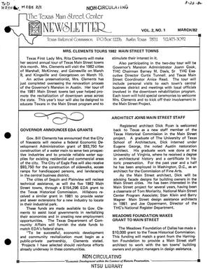 Primary view of object titled 'Texas Main Street Center Newsletter, Volume 2, Number 1, March 1982'.