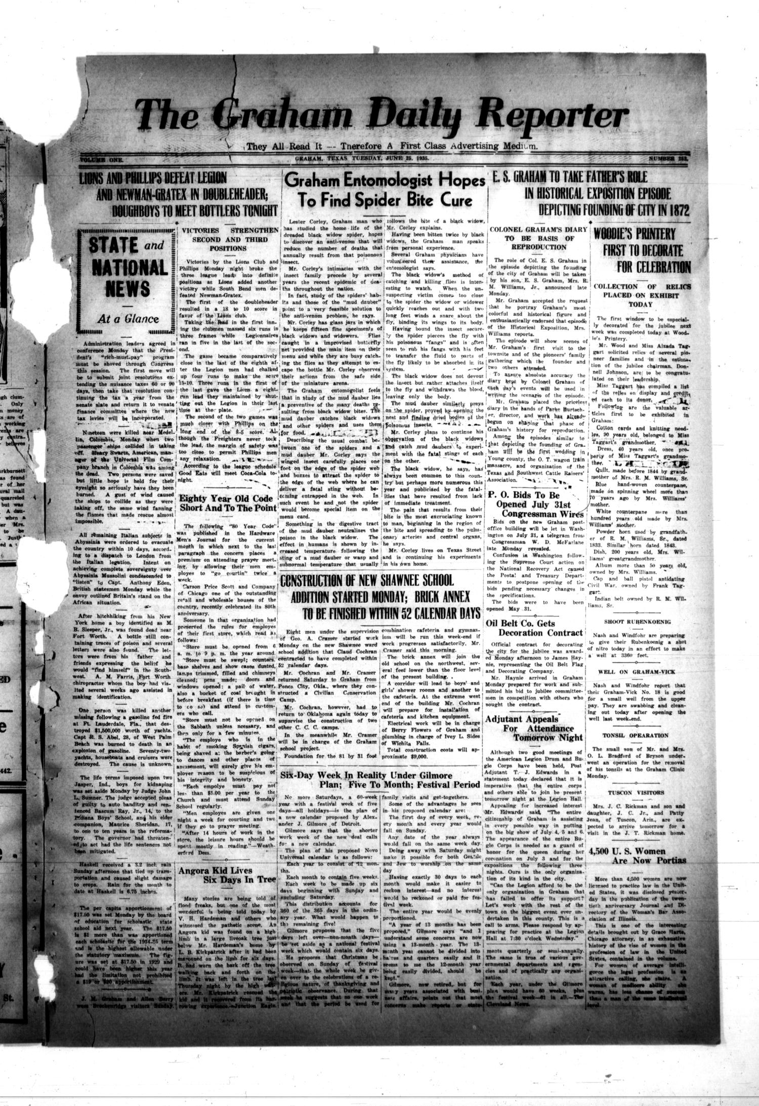 The Graham Daily Reporter (Graham, Tex.), Vol. 1, No. 252, Ed. 1 Tuesday, June 25, 1935
                                                
                                                    [Sequence #]: 1 of 4
                                                