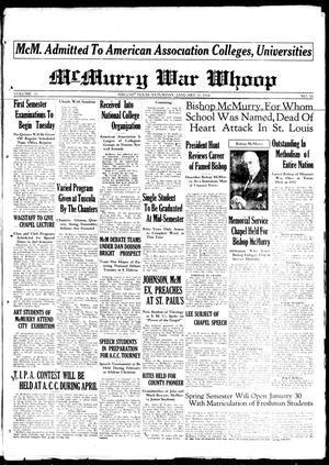 Primary view of object titled 'McMurry War Whoop (Abilene, Tex.), Vol. 11, No. 16, Ed. 1, Saturday, January 20, 1934'.