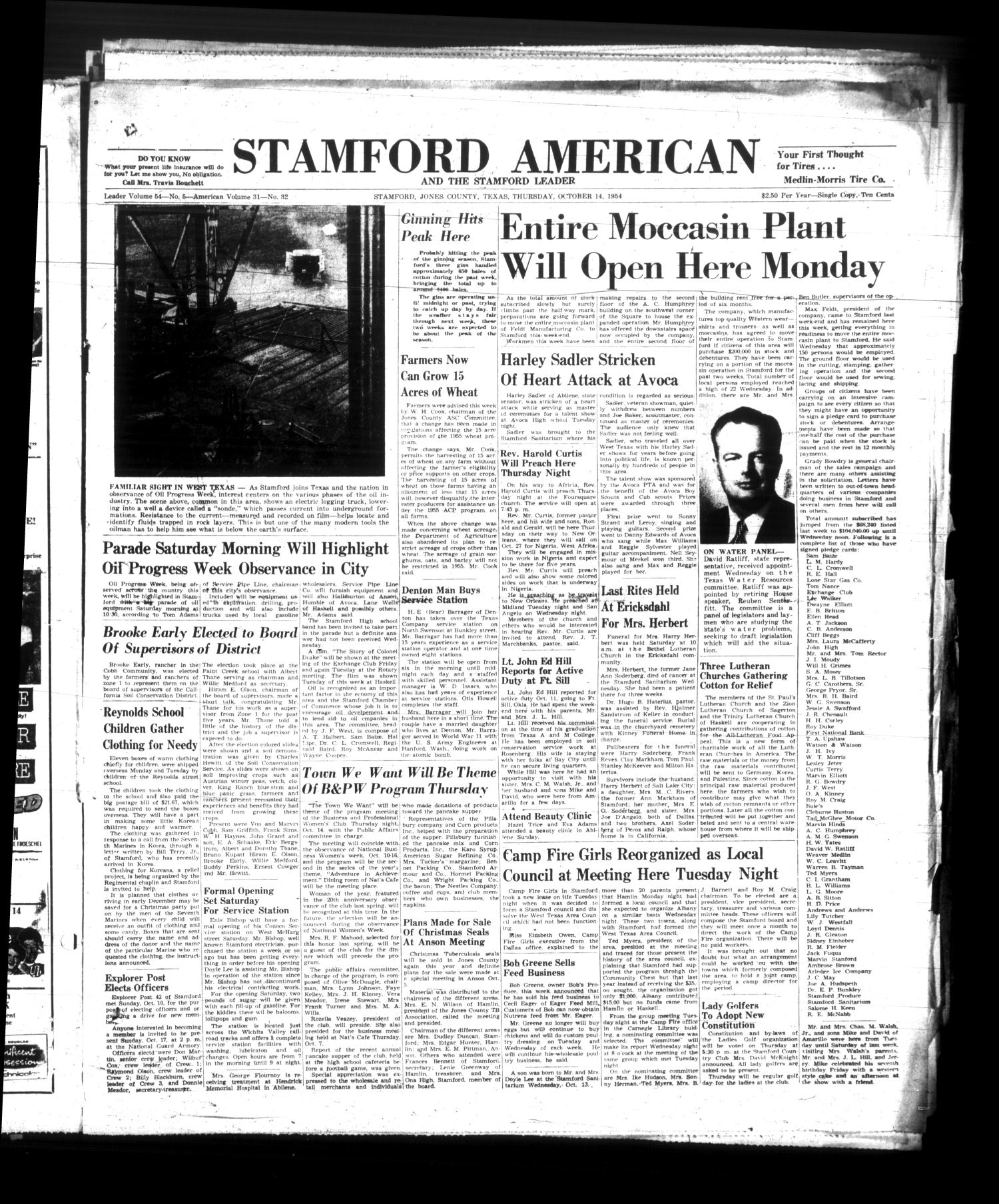 Stamford American and The Stamford Leader (Stamford, Tex.), Vol. 31, No. 32, Ed. 1 Thursday, October 14, 1954
                                                
                                                    [Sequence #]: 1 of 16
                                                