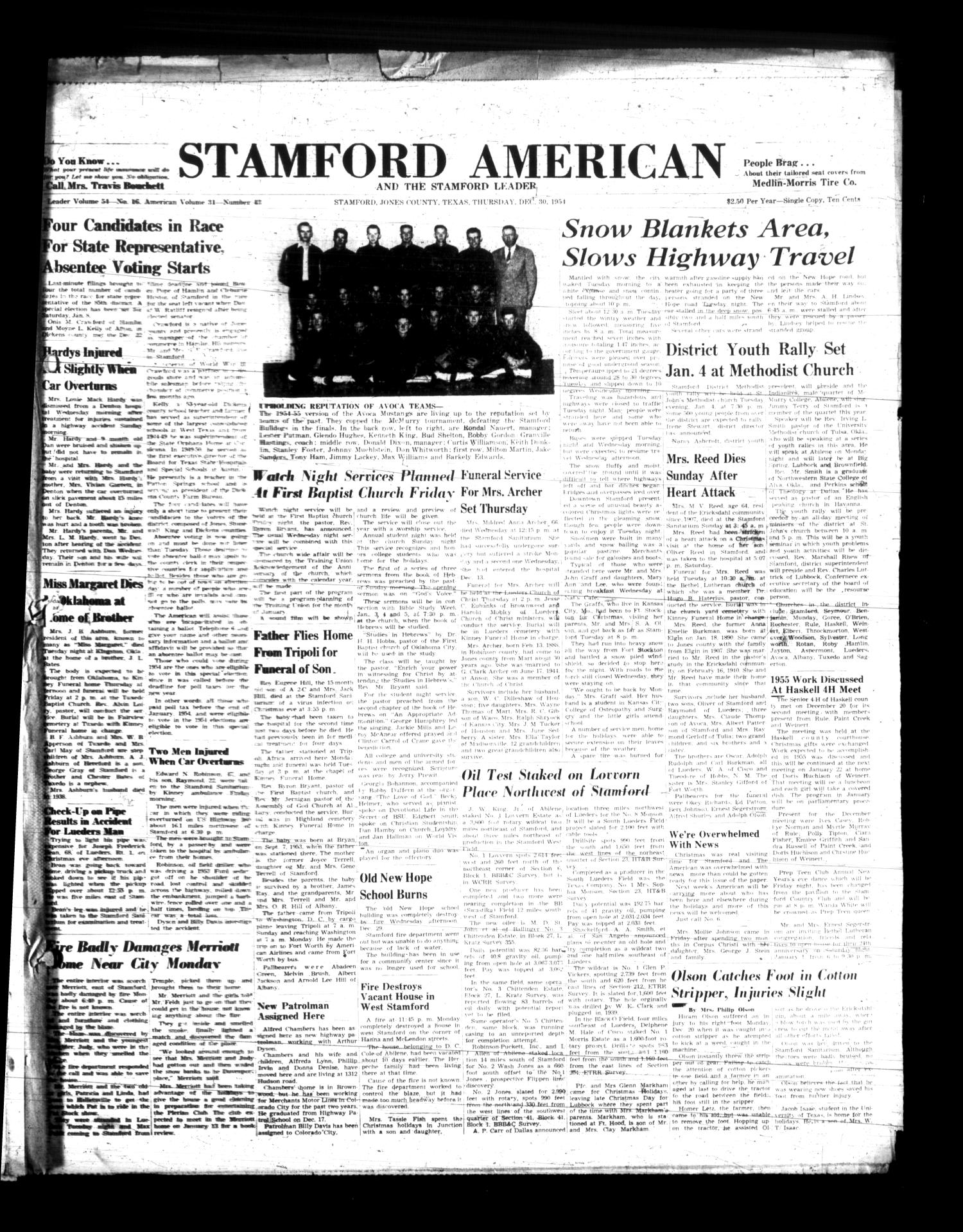 Stamford American and The Stamford Leader (Stamford, Tex.), Vol. 31, No. 43, Ed. 1 Thursday, December 30, 1954
                                                
                                                    [Sequence #]: 1 of 10
                                                