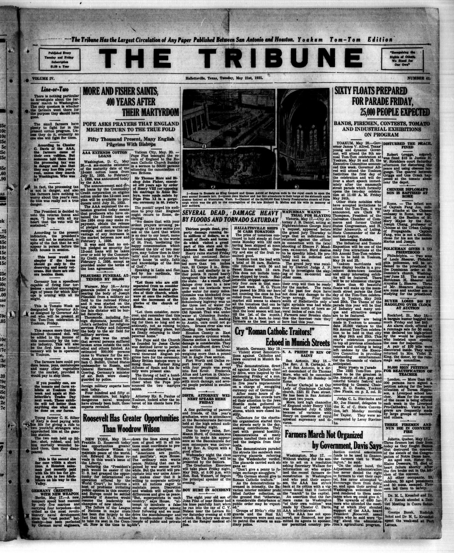 The Tribune (Hallettsville, Tex.), Vol. 4, No. 41, Ed. 1 Tuesday, May 21, 1935
                                                
                                                    [Sequence #]: 1 of 4
                                                