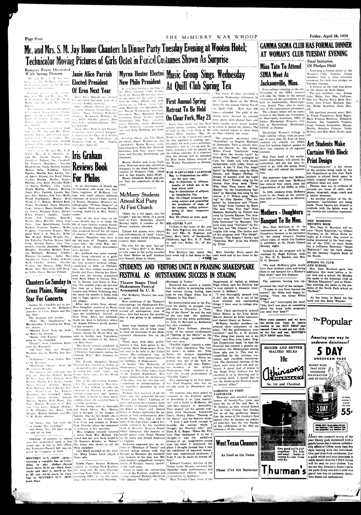 McMurry War Whoop (Abilene, Tex.), Vol. 16, No. 27, Ed. 1, Friday, April 28, 1939
                                                
                                                    [Sequence #]: 4 of 4
                                                