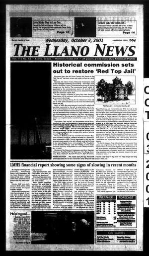 Primary view of object titled 'The Llano News (Llano, Tex.), Vol. 113, No. 52, Ed. 1 Wednesday, October 3, 2001'.