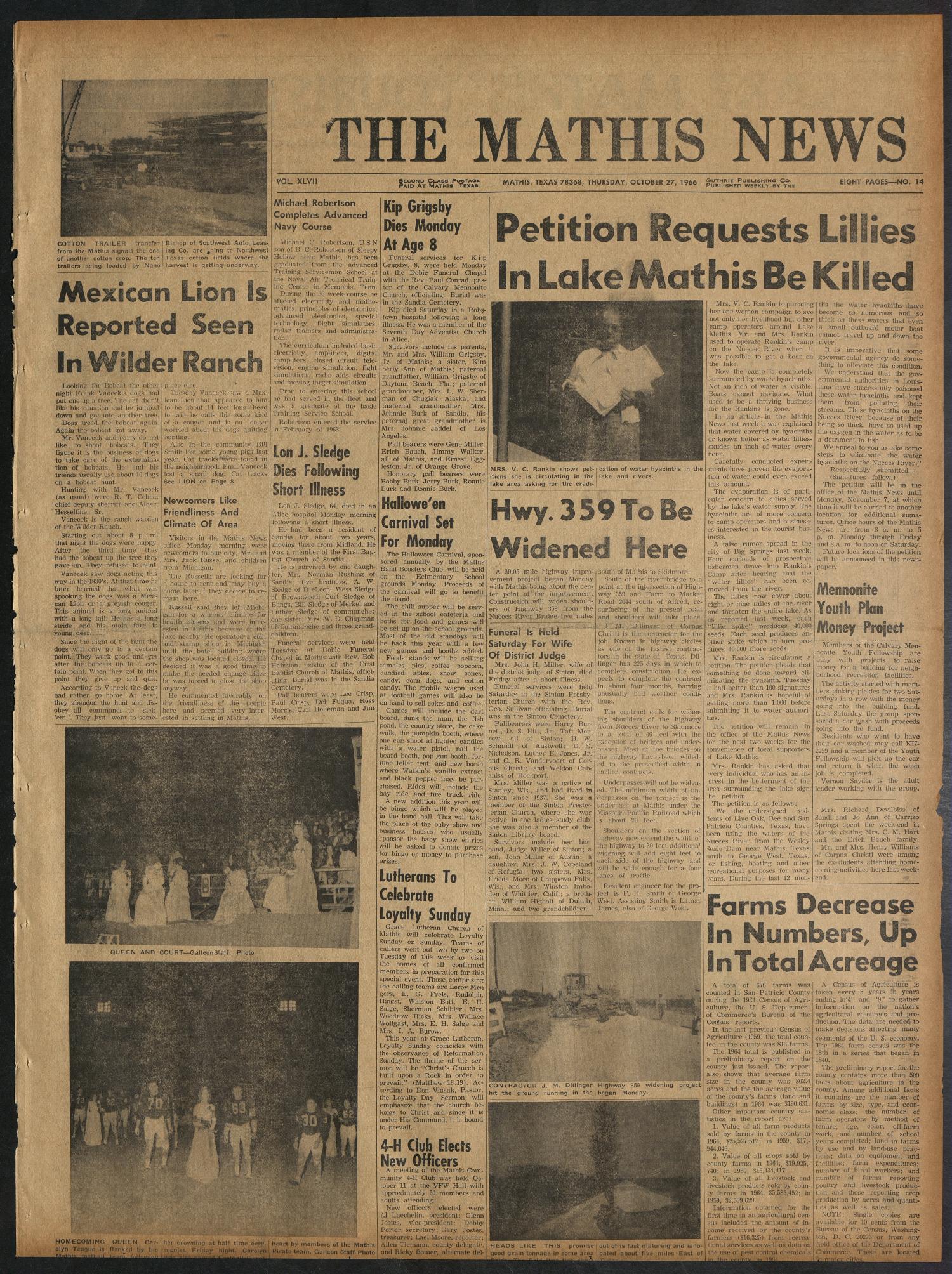 The Mathis News (Mathis, Tex.), Vol. 47, No. 14, Ed. 1 Thursday, October 27, 1966
                                                
                                                    [Sequence #]: 1 of 8
                                                