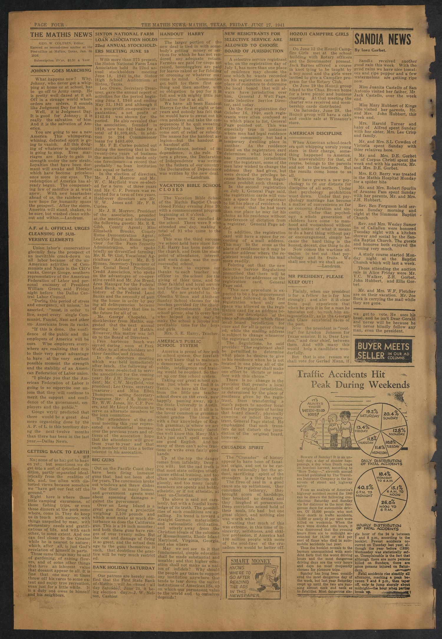 The Mathis News (Mathis, Tex.), Vol. 26, No. 26, Ed. 1 Friday, June 27, 1941
                                                
                                                    [Sequence #]: 4 of 8
                                                