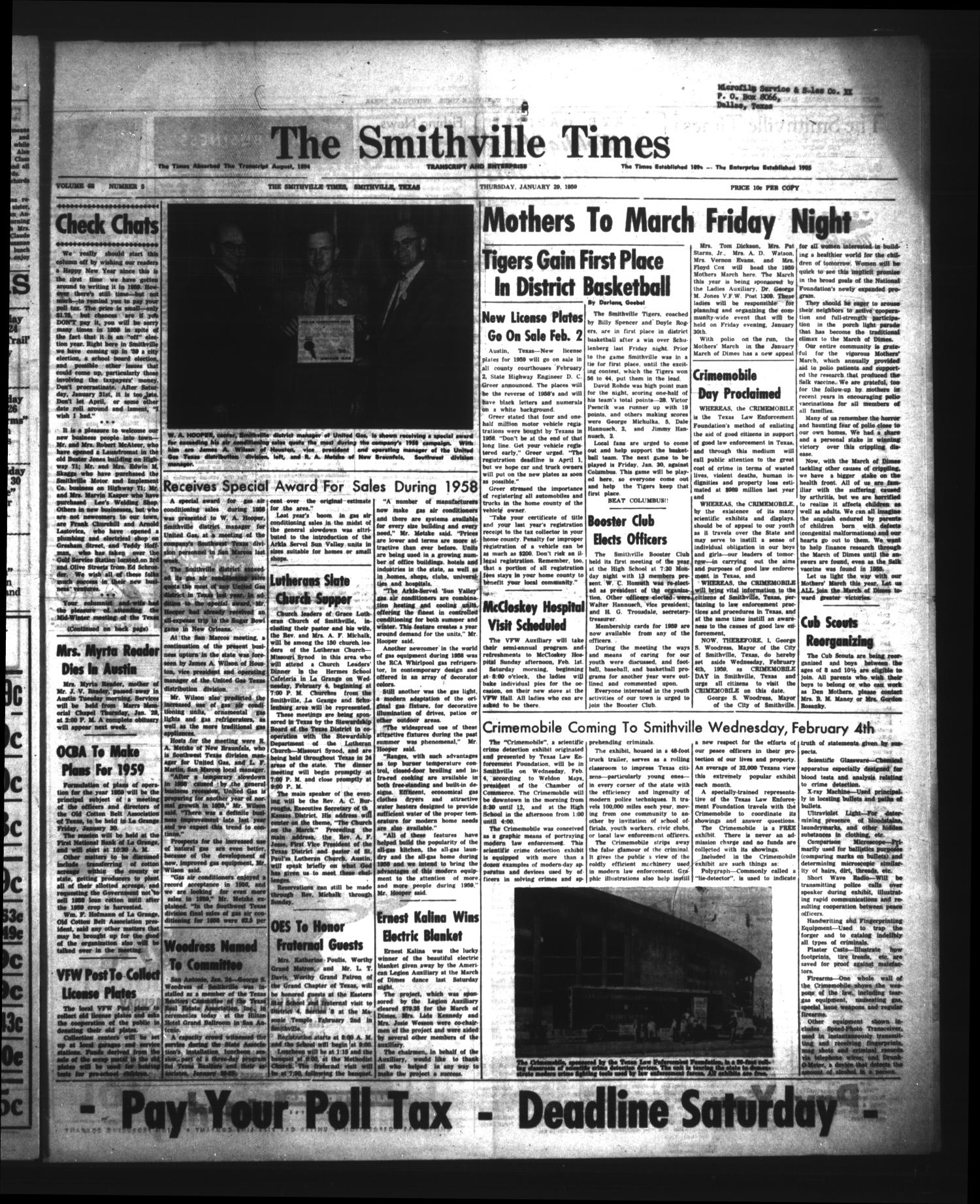 The Smithville Times Transcript and Enterprise (Smithville, Tex.), Vol. 68, No. 5, Ed. 1 Thursday, January 29, 1959
                                                
                                                    [Sequence #]: 1 of 8
                                                