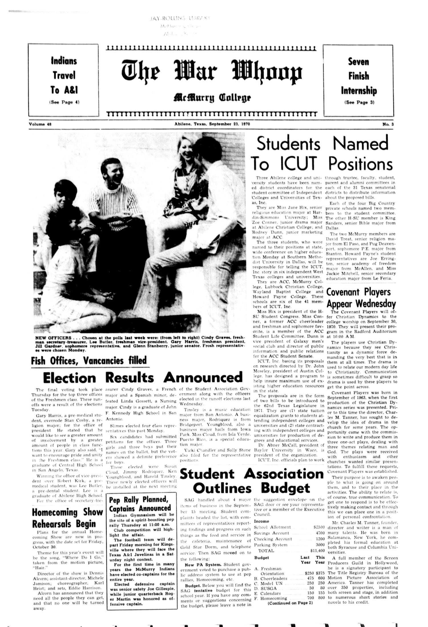 The War Whoop (Abilene, Tex.), Vol. 48, No. 3, Ed. 1, Wednesday, September 23, 1970
                                                
                                                    [Sequence #]: 1 of 4
                                                