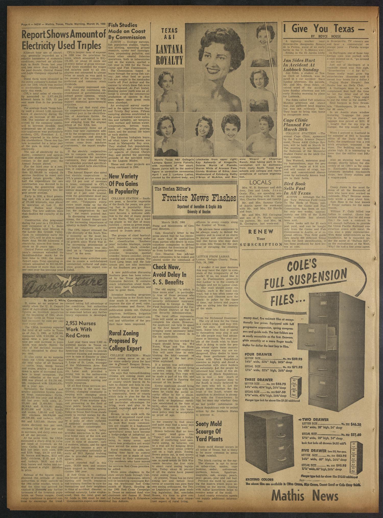The Mathis News (Mathis, Tex.), Vol. 40, No. 14, Ed. 1 Thursday, March 24, 1960
                                                
                                                    [Sequence #]: 4 of 8
                                                