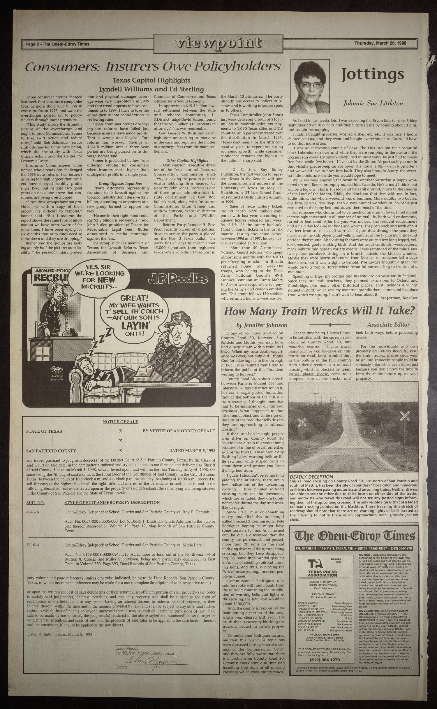 The Odem-Edroy Times (Odem, Tex.), Vol. 91, No. 12, Ed. 1 Thursday, March 26, 1998
                                                
                                                    [Sequence #]: 2 of 8
                                                