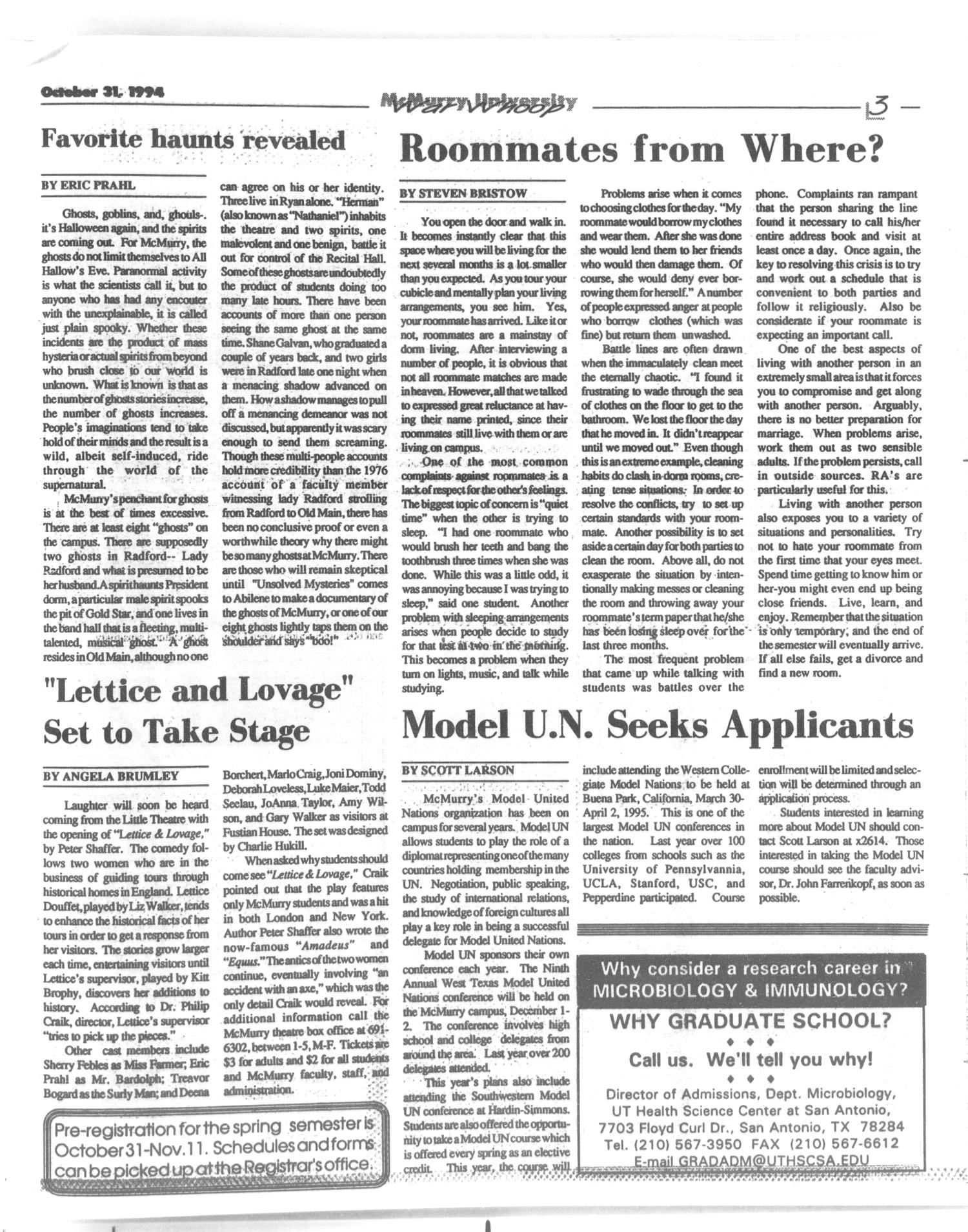 McMurry University War Whoop (Abilene, Tex.), Vol. 72, No. 6, Ed. 1, Monday, October 31, 1994
                                                
                                                    [Sequence #]: 3 of 4
                                                