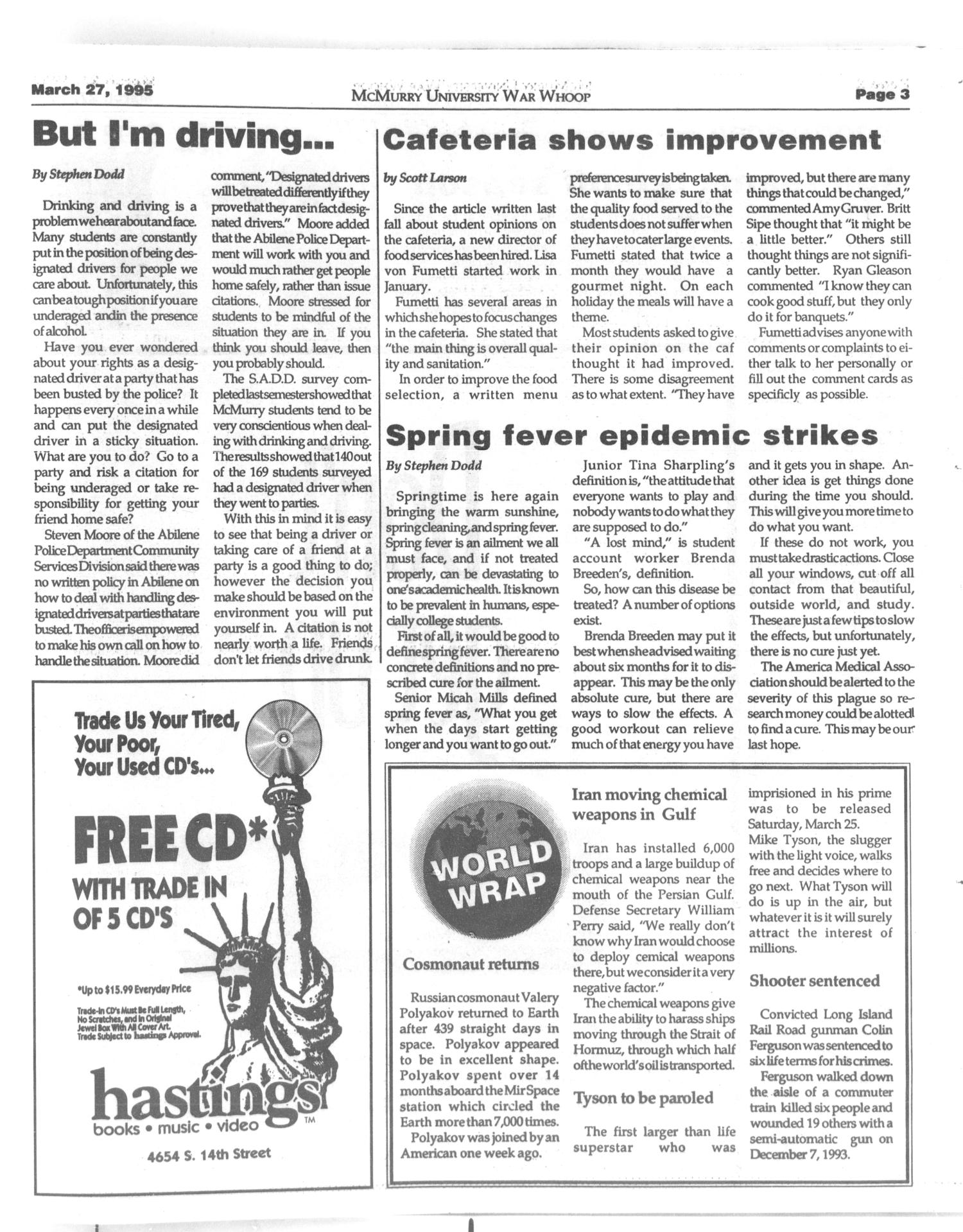 War Whoop (Abilene, Tex.), Vol. 72, No. 13, Ed. 1, Monday, March 27, 1995
                                                
                                                    [Sequence #]: 3 of 4
                                                
