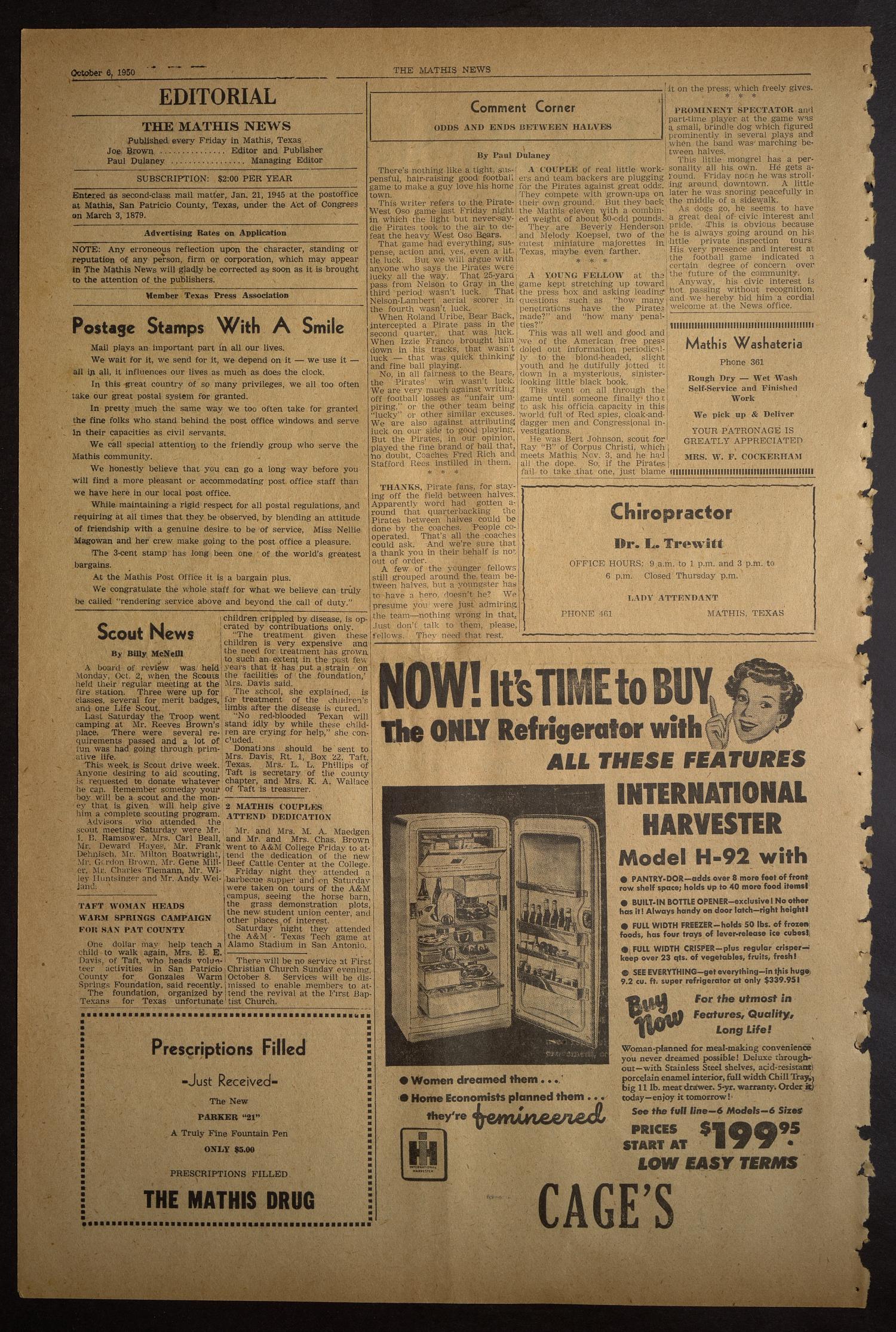 The Mathis News (Mathis, Tex.), Vol. 35, No. 40, Ed. 1 Friday, October 6, 1950
                                                
                                                    [Sequence #]: 2 of 10
                                                