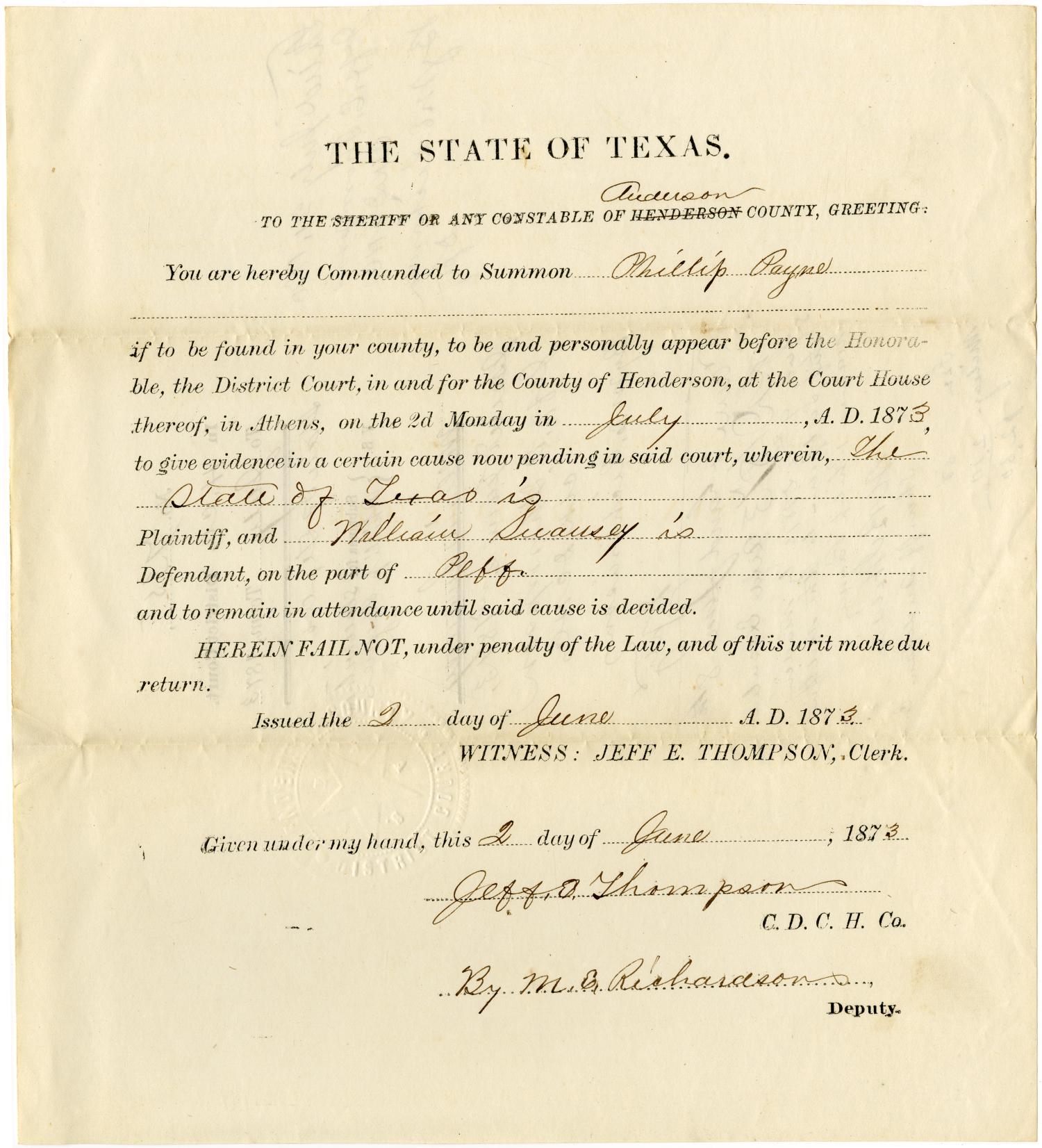 Documents related to the case of The State of Texas vs. William Swansey, cause no. 735, 1874
                                                
                                                    [Sequence #]: 17 of 28
                                                