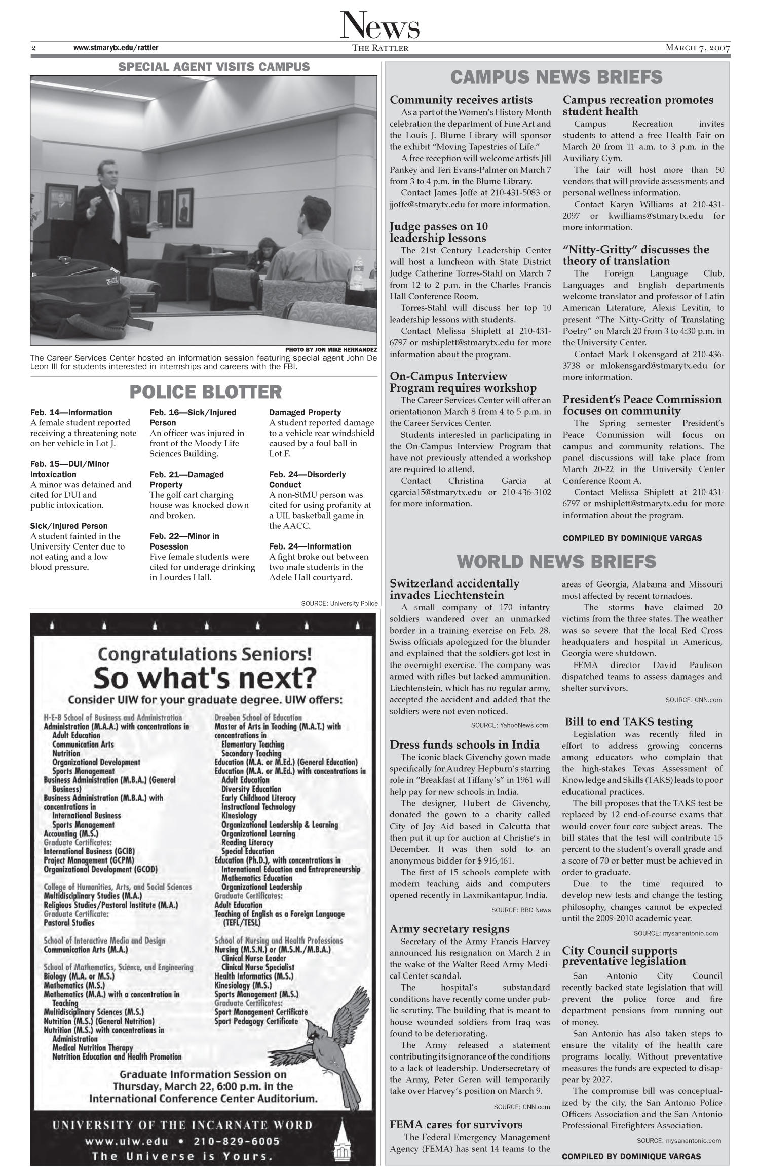 The Rattler (San Antonio, Tex.), Vol. 94, No. 9, Ed. 1 Wednesday, March 7, 2007
                                                
                                                    [Sequence #]: 2 of 12
                                                