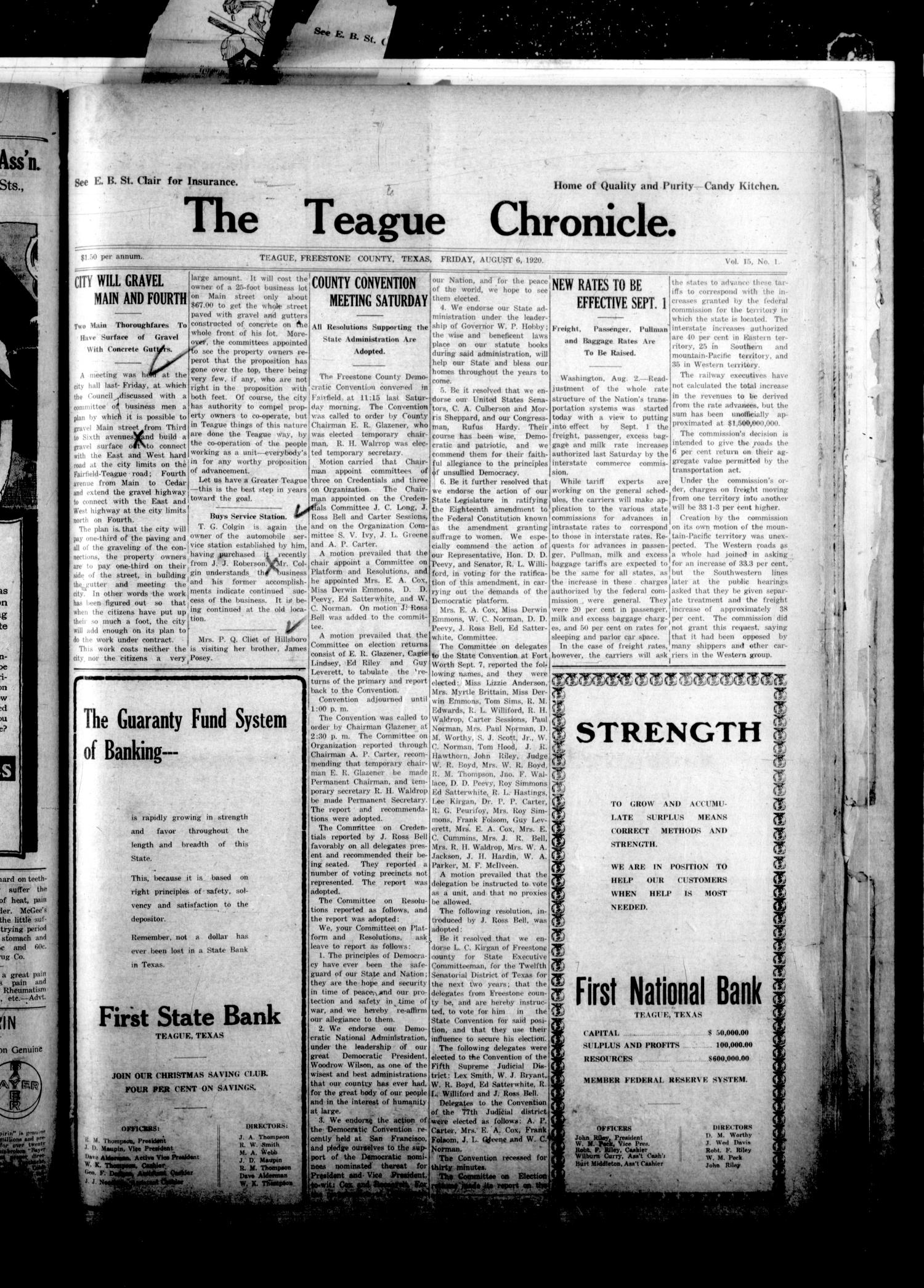 The Teague Chronicle. (Teague, Tex.), Vol. 15, No. 1, Ed. 1 Friday, August 6, 1920
                                                
                                                    [Sequence #]: 1 of 8
                                                