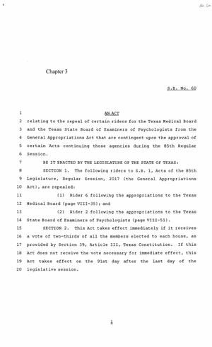 85th Texas Legislature, First Called Session, Senate Bill SB60, Chapter 3
