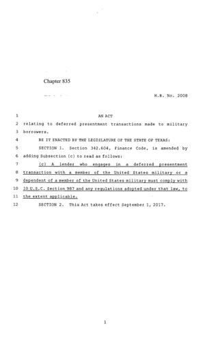 Primary view of object titled '85th Texas Legislature, Regular Session, House Bill 2008, Chapter 835'.