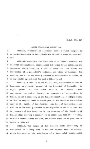 85th Texas Legislature, Regular Session, House Concurrent Resolution 129