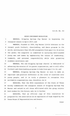 85th Texas Legislature, Regular Session, House Concurrent Resolution 63