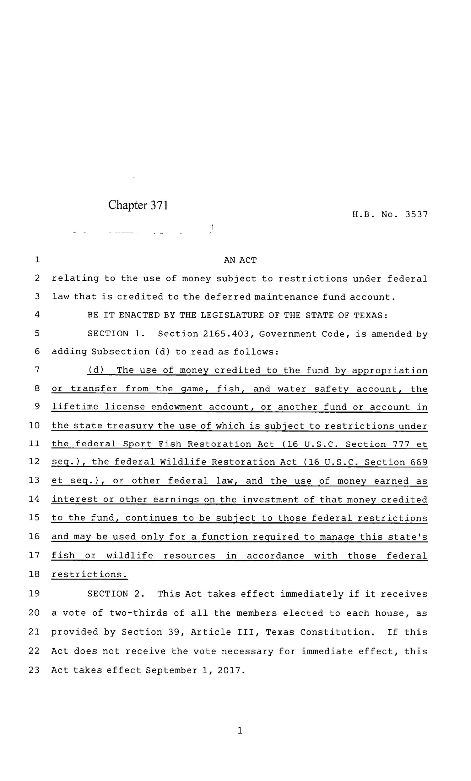 85th Texas Legislature, Regular Session, House Bill 3537, Chapter 371
                                                
                                                    [Sequence #]: 1 of 6
                                                
