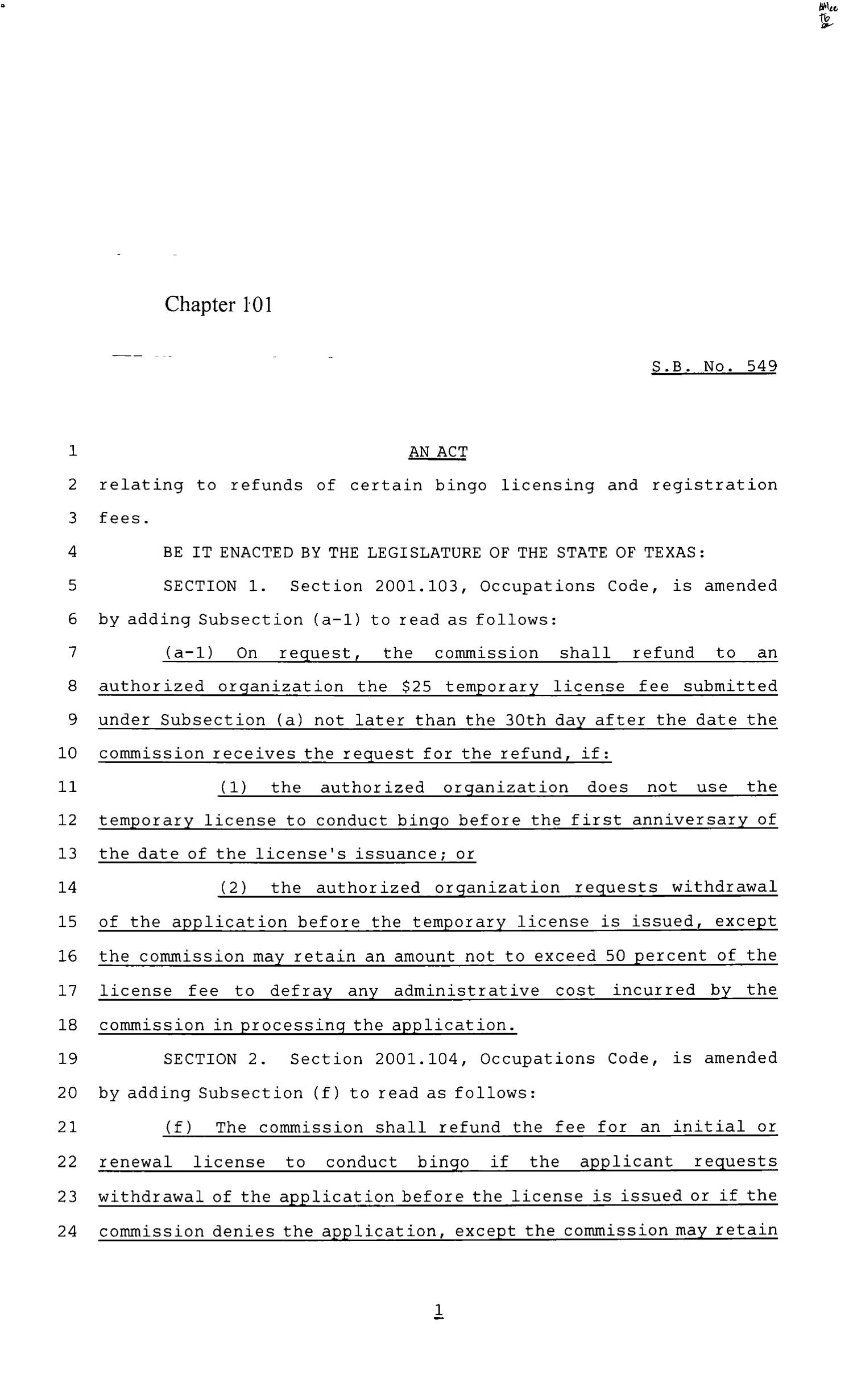 85th Texas Legislature, Regular Session, Senate Bill 549, Chapter 101
                                                
                                                    [Sequence #]: 1 of 8
                                                
