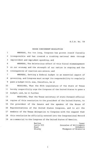 85th Texas Legislature, Regular Session, House Concurrent Resolution 59