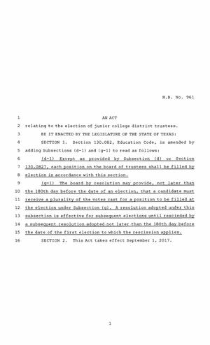 85th Texas Legislature, Regular Session, House Bill 961