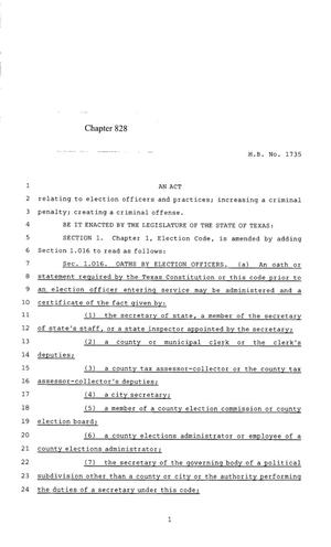 Primary view of object titled '85th Texas Legislature, Regular Session, House Bill 1735, Chapter 828'.