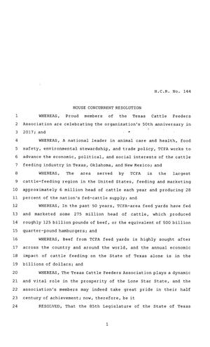 85th Texas Legislature, Regular Session, House Concurrent Resolution 144