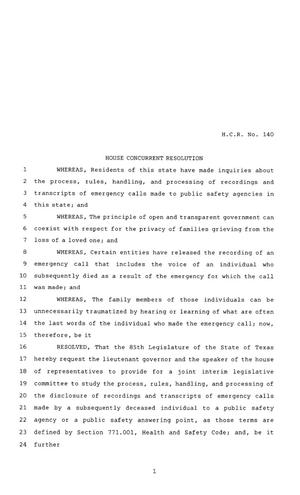 85th Texas Legislature, Regular Session, House Concurrent Resolution 140