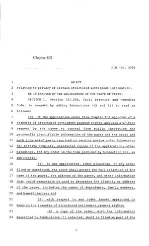 Primary view of object titled '85th Texas Legislature, Regular Session, House Bill 3356, Chapter 802'.