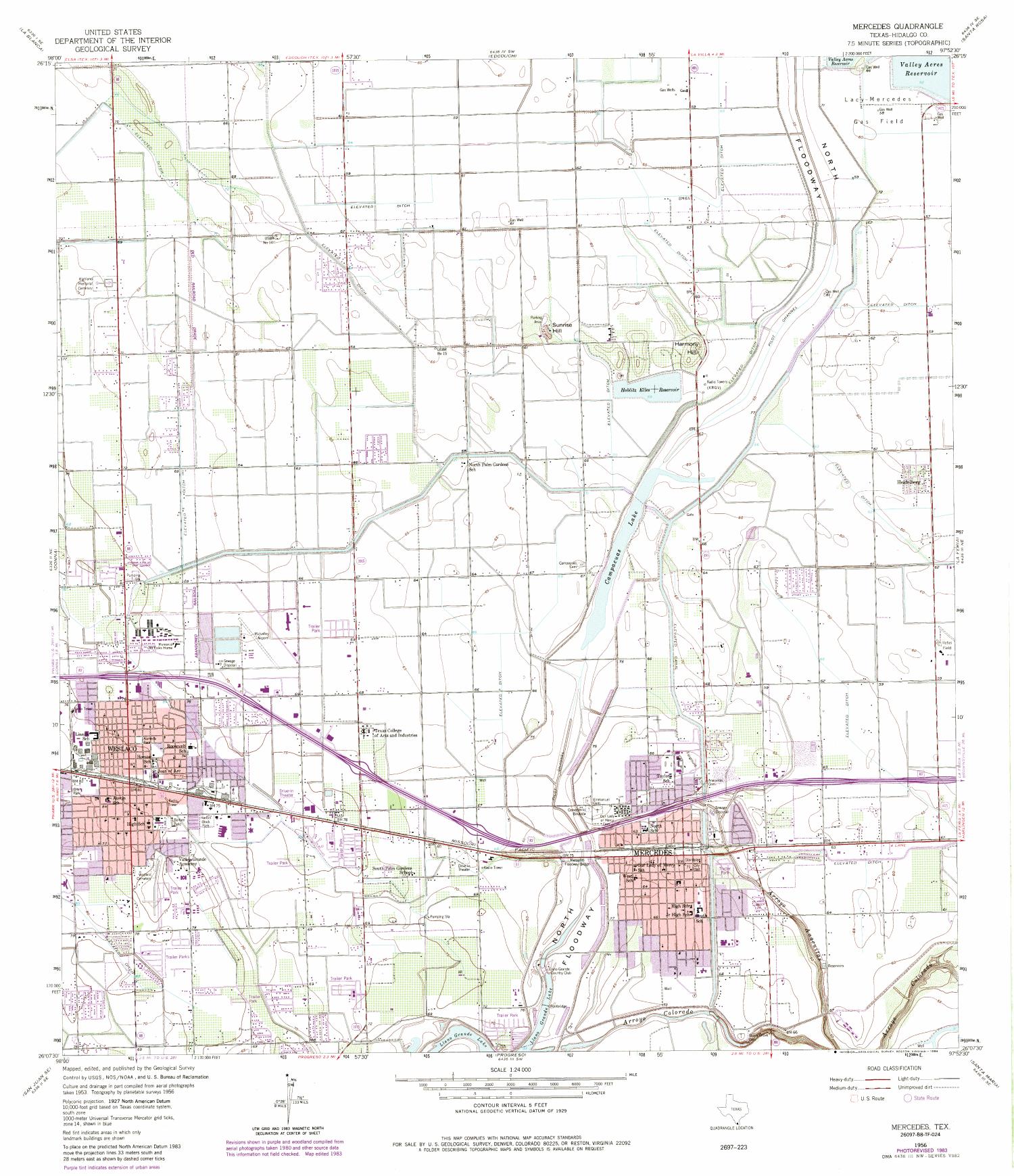 Mercedes Quadrangle, Topographic map of a portion of Texas from the United States Geological Survey (USGS) project. The map includes towns, historic or notable sites, bodies of water, and other geologic features. Scale 1:24,000, 