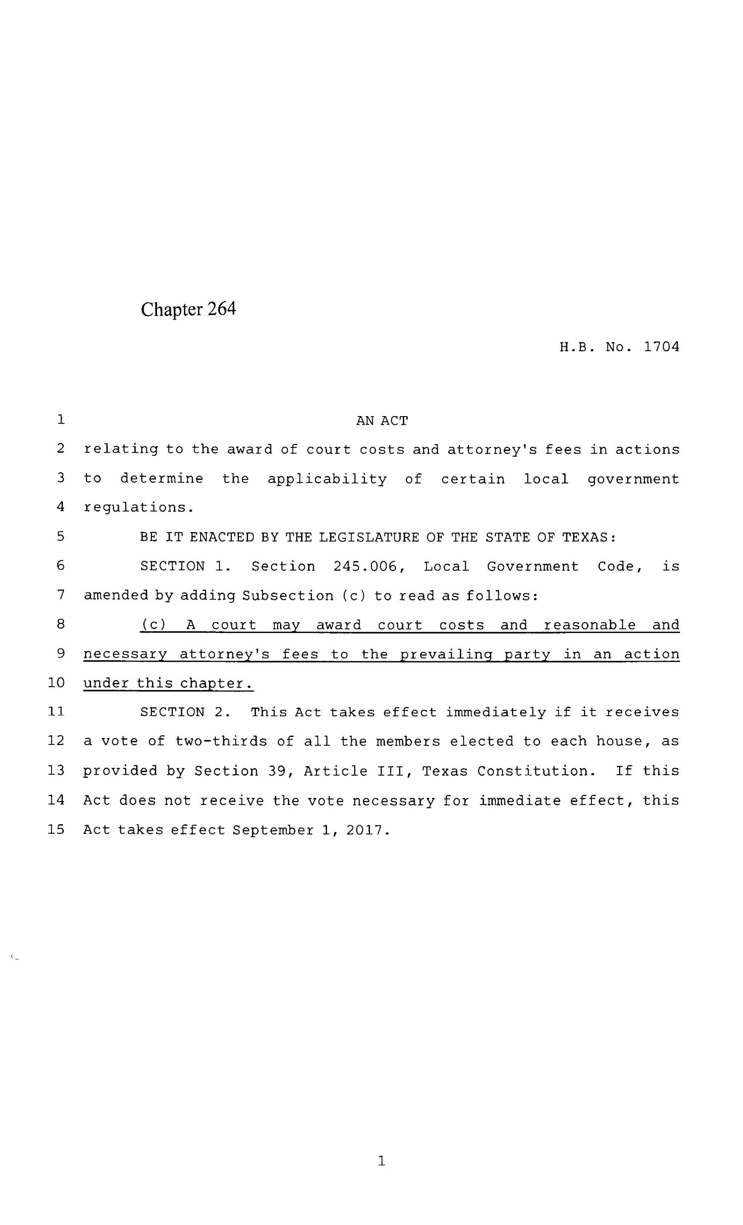 85th Texas Legislature, Regular Session, House Bill 1704, Chapter 264
                                                
                                                    [Sequence #]: 1 of 4
                                                