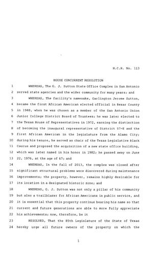 85th Texas Legislature, Regular Session, House Concurrent Resolution 113