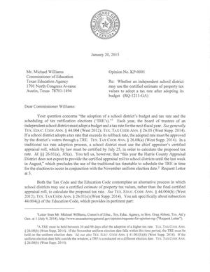 Texas Attorney General Opinion: KP-0001
