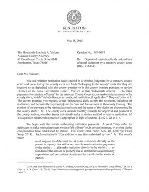 Texas Attorney General Opinion: KP-0019