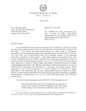 Primary view of object titled 'Texas Attorney General Opinion: GA-1065'.