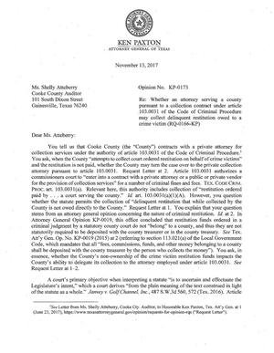Texas Attorney General Opinion: KP-0173
