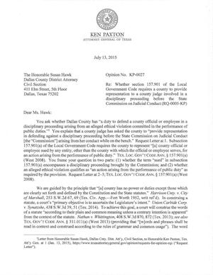 Texas Attorney General Opinion: KP-0027