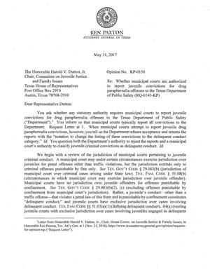 Texas Attorney General Opinion: KP-0150