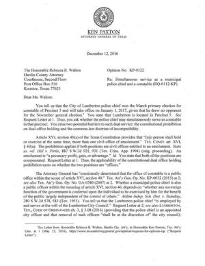 Texas Attorney General Opinion: KP-0122