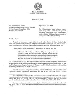 Texas Attorney General Opinion: KP-0064